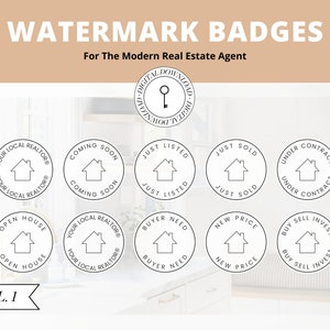 Real Estate Transparente Wasserzeichen Abzeichen | Real Estate Overlays für Social Media Posts | Agent Marketing | Angebotsaktualisierungen | Canva | Vol 1