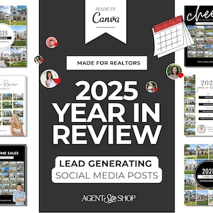 May include: A promotional graphic for real estate agents, featuring the text "2025 Year in Review" and "Lead Generating Social Media Posts." The design includes images of houses, a calendar, and the Canva logo. The overall theme is real estate marketing.