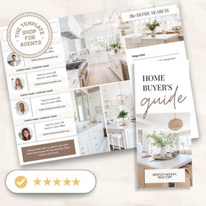 May include: A home buyer's guide with a white background and brown text. The guide includes a step-by-step process for finding a home and a list of lenders. The guide also features a photo of a kitchen with white cabinets and a farmhouse sink.