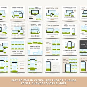 May include: A set of 24 social media templates featuring a variety of designs with a landscape theme. The templates include images of a phone, a tablet, and a computer screen. The templates are easy to edit in Canva and can be used to promote products or services.