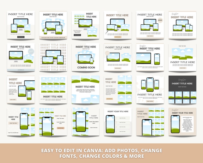 May include: A set of 24 social media templates featuring a variety of designs with a landscape theme. The templates include images of a phone, a tablet, and a computer screen. The templates are easy to edit in Canva and can be used to promote products or services.