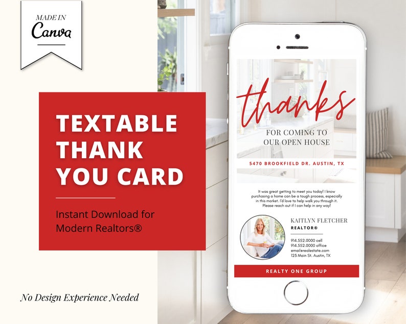 May include: A red and white mobile phone screen displaying a thank you card for an open house. The card includes the address 5470 Brookfield Dr, Austin, TX and the realtor's name and contact information. The text reads "Thanks for coming to our open house".
