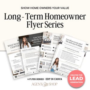 Puede incluir: Cuatro folletos con fondo blanco y texto negro. Los folletos se titulan "¿Cuál sería tu próximo capítulo?", "Evaluación de la Atractividad del Hogar", "¿Qué ha bajado silenciosamente de valor?" y "¿Hasta 250.000 € libres de impuestos? El reloj puede estar corriendo". Los folletos forman parte de una "Serie de folletos para propietarios a largo plazo" para la generación de clientes potenciales.