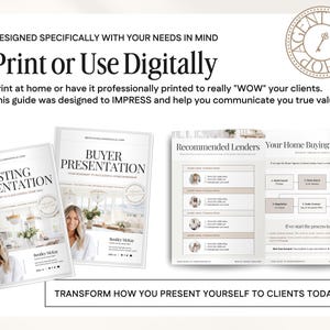 May include: A set of three printable guides for real estate agents. The guides are titled "Listing Presentation", "Buyer Presentation", and "Your Home Buying Timeline". The guides feature a neutral color palette with a modern design.