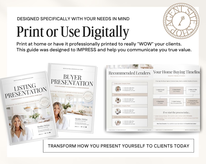 May include: A set of three printable guides for real estate agents. The guides are titled "Listing Presentation", "Buyer Presentation", and "Your Home Buying Timeline". The guides feature a neutral color palette with a modern design.