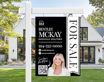 May include: A black and white real estate sign with the text "FOR SALE" on the right side. The sign features the name "Bentley McKay Nashville Realtor" and a photo of a woman. Includes a QR code and contact information.