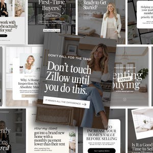 May include: A collage of social media graphics featuring real estate advice. Text overlays include phrases like Don't Fall For The Trap, Don't touch Zillow until you do this, First-Time Buyers, and Renting versus buying, alongside photos of a person.