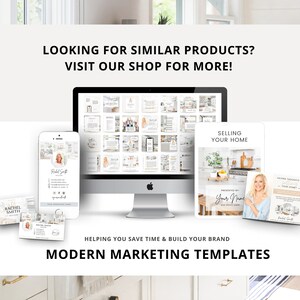 May include: A collection of modern marketing templates for real estate agents. The templates include social media posts, email templates, and more. The templates are designed to help real estate agents save time and build their brand.