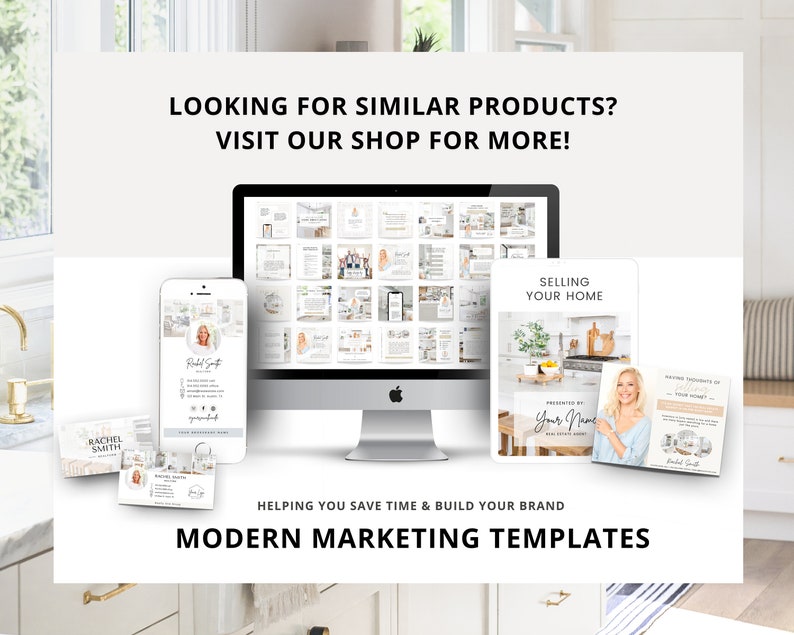 May include: A collection of modern marketing templates for real estate agents. The templates include social media posts, email templates, and more. The templates are designed to help real estate agents save time and build their brand.