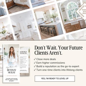 May include: A collage of images showcasing a real estate agent's marketing plan. The images feature a woman, a checklist, and interior design photos of a kitchen and living room. The text on the image reads "Don't Wait. Your Future Clients Aren't." and lists benefits of the marketing plan, such as "Close more deals" and "Earn higher commissions".