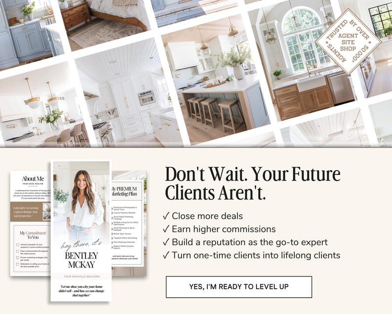 May include: A collage of images showcasing a real estate agent's marketing plan. The images feature a woman, a checklist, and interior design photos of a kitchen and living room. The text on the image reads "Don't Wait. Your Future Clients Aren't." and lists benefits of the marketing plan, such as "Close more deals" and "Earn higher commissions".