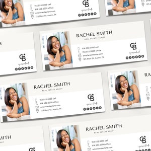 May include: A white business card with black text and a black and white logo. The card features a woman's headshot, contact information, and the text "Rachel Smith, Real Estate Agent".