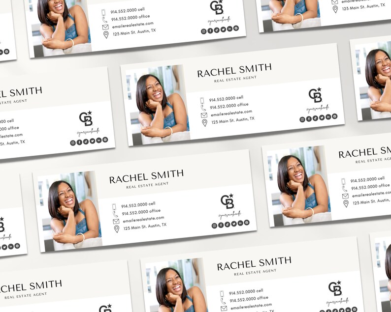 May include: A white business card with black text and a black and white logo. The card features a woman's headshot, contact information, and the text "Rachel Smith, Real Estate Agent".