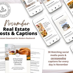 Könnte beinhalten: Ein digitaler Download für Immobilienmakler mit 30 Social-Media-Posts und Bildunterschriften für November. Das Bild zeigt einen weißen Hintergrund mit verschiedenen Bildern von Essen, Häusern und Text. Der Text enthält die Wörter "November", "Immobilien-Posts & Bildunterschriften" und "Sofortiger Download für moderne Immobilienmakler®".