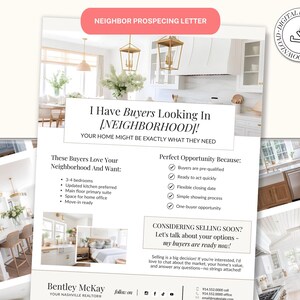 Pode incluir: Uma carta de marketing imobiliário com fundo branco e uma foto de uma cozinha com armários brancos e uma luminária dourada. O texto diz "Tenho compradores procurando em [NEIGHBORHOOD]!". A carta também inclui uma lista de características que os compradores procuram em uma casa, como cozinhas atualizadas e casas prontas para morar.