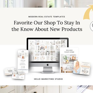 May include: A white and gray computer screen displaying a variety of real estate templates. The screen is on a white desk with a gold handle. The text on the screen reads "Selling Your Home" and "Presented By Your Name".