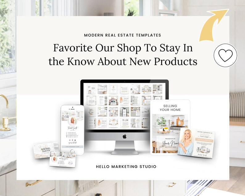 May include: A white and gray computer screen displaying a variety of real estate templates. The screen is on a white desk with a gold handle. The text on the screen reads "Selling Your Home" and "Presented By Your Name".