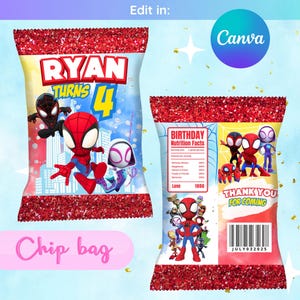 Spidey and His Amazing Friends Chip Bag Template | Editable Canva Treat Bag | Superhero Birthday Party Favor Printable | Instant Download