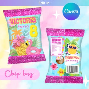 Vorlage für Chiptüten für tropische Partys | Bearbeitbare Canva-Snacktasche | Digitaler Download | Tropisches Partygeschenk | Bedruckbare Chipstütenverpackung