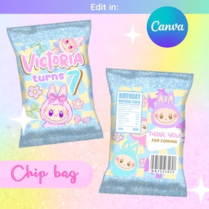 Labubu Chip Bag Template | Editable Canva Snack Bag | Digital Download | Labubu Party Favor | Printable Chip Bag Wrapper