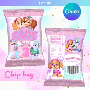 Pink Paw Patrol Chip Bag Template | Skye Everest Liberty | Pink Puppy Party Favor | Printable Snack Bag | Instant Download