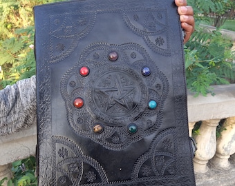 Leather Journal for Men Pentagram, Extra Large Seven Stone Notebook, Book of Shadows, Gifts