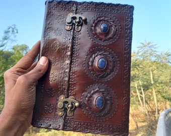 Handmade leather journal Large Notebook Lapiz Lazuli Stone Journal Spell Book Leather Grimoire Writing Notebook Gifts For Christmas