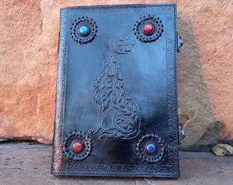Celtic Wolf leather journal with Stone handmade leather notebook refillable journal with lock large leather personalized journal gifts
