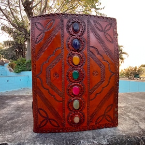 50% off Extra large Seven Stone Leather Journal With Lock, Handmade Leather Grimoire Diaries, Spell Book Journal,Refillable Leather Notebook
