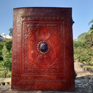 Leather journal Triple moon Embossed Leather Notebook Extra Large book of shadows Leather Dairy with stone Spell book Handmade Gift for Men