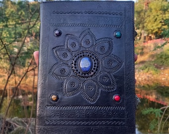Large leather journal with stone notebook Handmade leather grimoire spell book Travel Journal for Men & Women Personalized Gift Leather Book