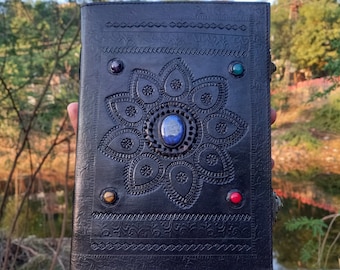 Handmade Large leather journal embossed notebook with stone leather grimoire spell book for men & women gift Thanksgiving