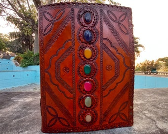 50% off Extra large Seven Stone Leather Journal With Lock, Handmade Leather Grimoire Diaries, Spell Book Journal,Refillable Leather Notebook