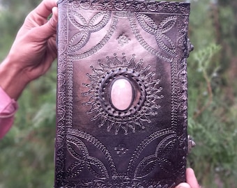 Handmade Leather Journal with Lock: Rose Quartz Stone, Refillable Notebook