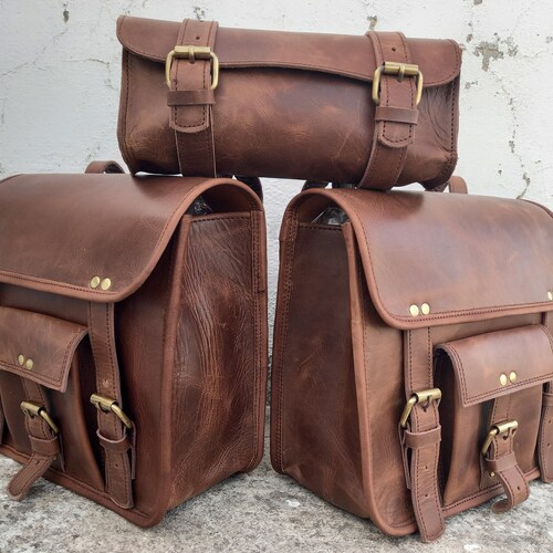 Leather Bag Saddle Motorcycle Pouch Brown Pannier 3 Saddlebag Etsy