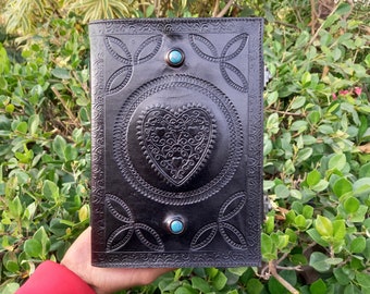 Large Leather Journal Personalized Leather Notebook Handmade Leather Heart Embossed with Stone Dairy Travel Book Gift For Men & Women