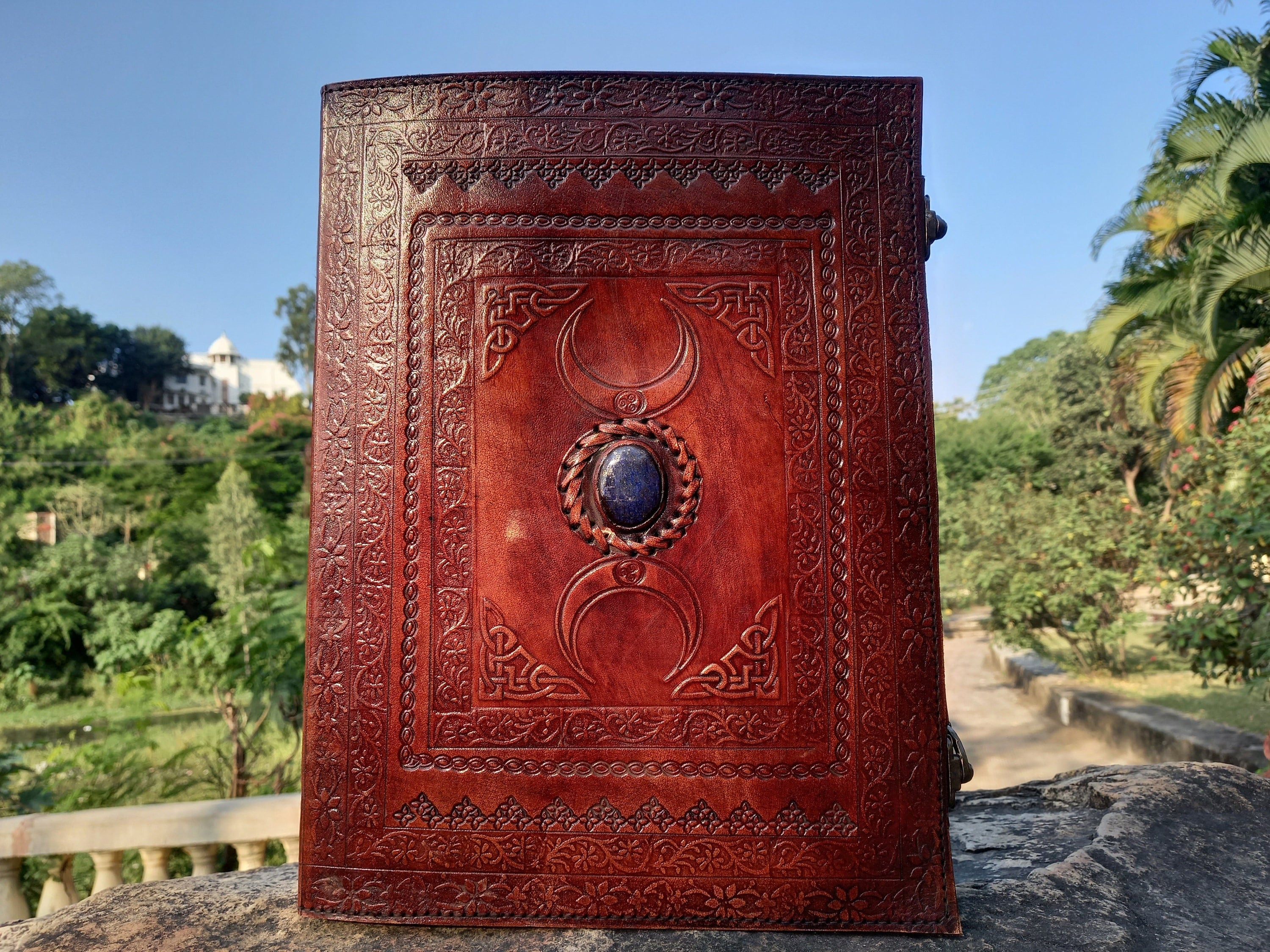 Leather journal Triple moon Embossed Leather Notebook Extra Large book of shadows Leather Dairy with stone Spell book Handmade Gift for Men