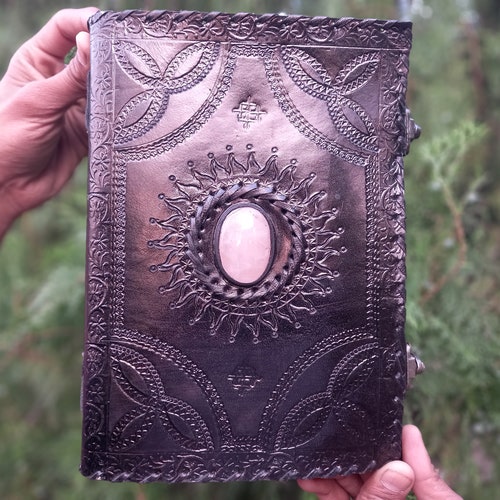 Journal en cuir fait main avec cadenas : pierre de quartz rose, carnet rechargeable