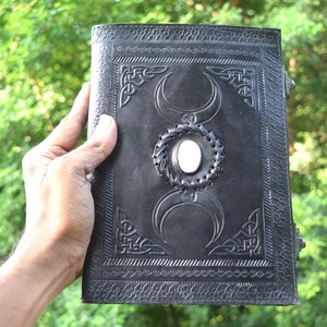 Personalized triple moon journal Large leather journal Notebook with stone leather grimoire handmade book of shadows Lined/unlined Journal