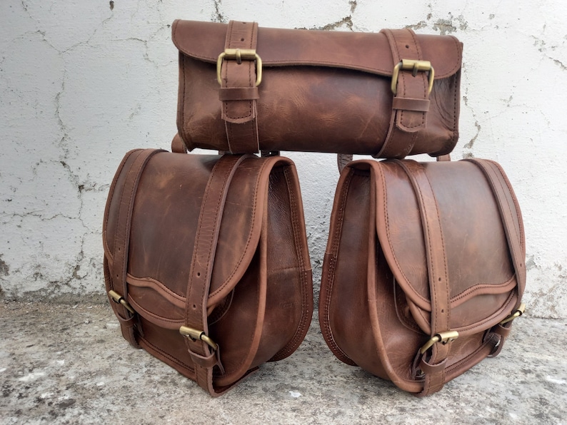 Leather Bag Saddle Motorcycle Pouch Brown Pannier 3 Saddlebag Etsy