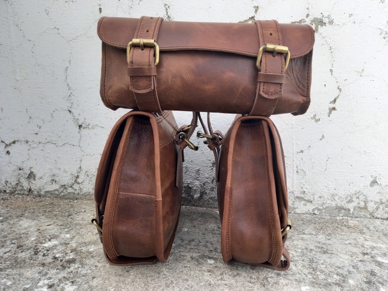 Leather Bag Saddle Motorcycle Pouch Brown Pannier 3 Saddlebag Etsy