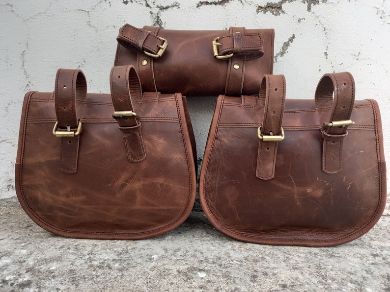 Leather Bag Saddle Motorcycle Pouch Brown Pannier 3 Saddlebag Etsy
