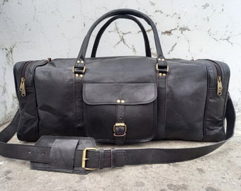 Handmade Black Goat Leather Weekender Bag: Large Travel Duffle
