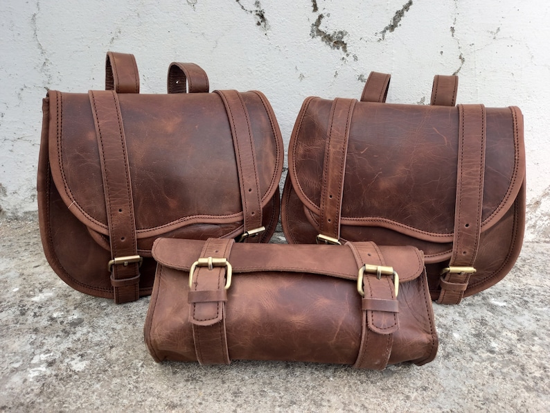 Leather Bag Saddle Motorcycle Pouch Brown Pannier 3 Saddlebag Etsy