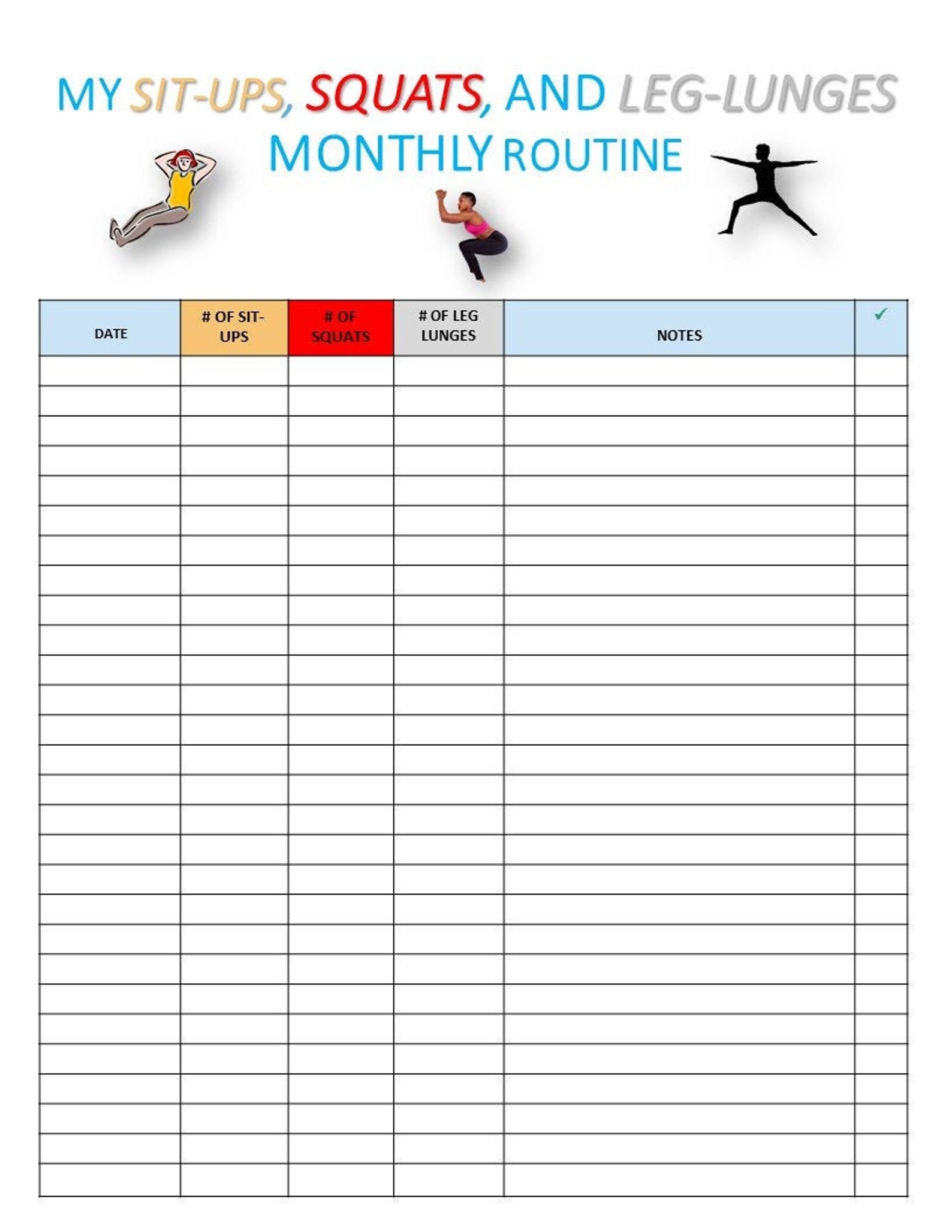 My Situps Squats and Leg-Lunges Monthly Routine printable | Etsy