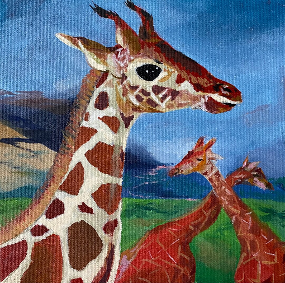Giraffe Oil Painting, 8x8 Canvas, Original Painting, Columbus Zoo