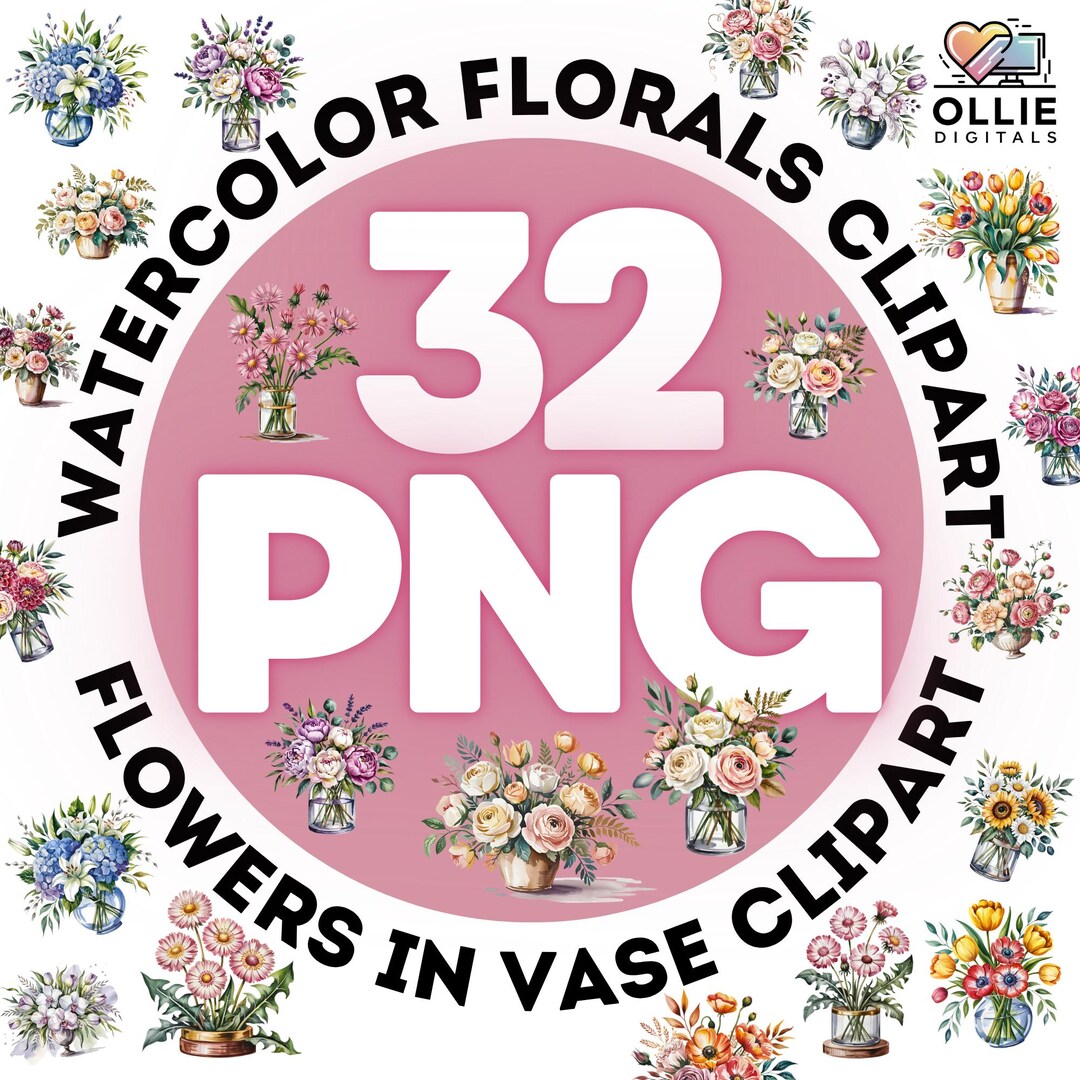 Watercolor Flower Vase Clipart: 32 PNG Floral Bouquet Graphics (digital ...