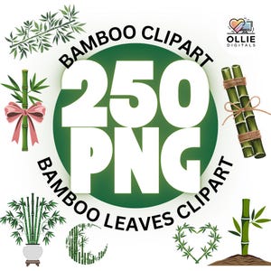 May include: A green circle with the text "BAMBOO CLIPART 250 PNG BAMBOO LEAVES CLIPART" around it. The circle is surrounded by various images of bamboo plants, leaves, and stalks.