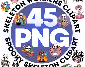 Skeleton Worker Clipart: 45 PNG Bundle, Halloween Professions (Digital Download)