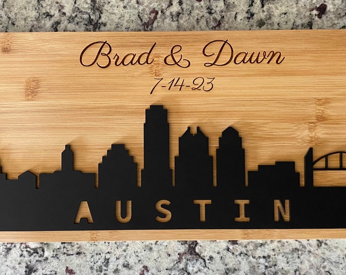 Personalized Skyline Board - Austin, Chicago, Dallas,  Fort Worth, Houston, San Antonio - Wedding Gift, Housewarming, Hometown Pride
